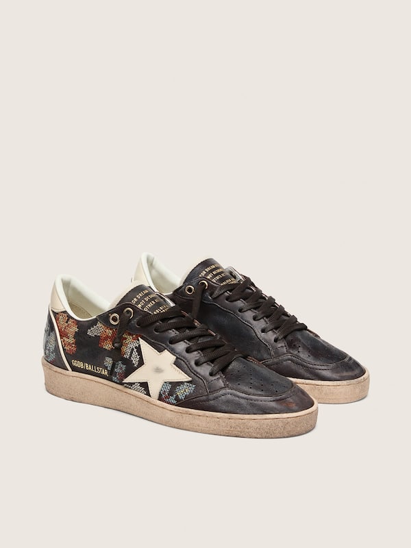 Ball Star LTD femme en cuir nappa &eacute;b&egrave;ne avec &eacute;toile blanche et broderies multicolores