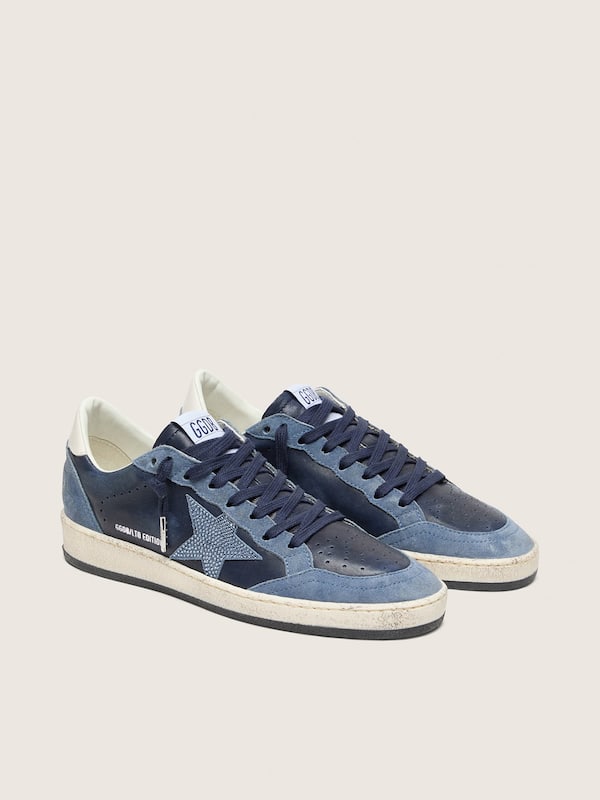Ball Star LTD Damen aus dunkelblauem Leder mit Stern aus azurnen Swarovski-Kristallen und Suede-Eins&auml;tzen
