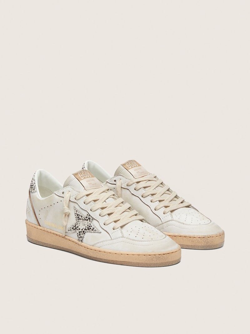 Golden Goose - Ball Star femme en cuir blanc avec &eacute;toile en cuir fa&ccedil;on poulain motif l&eacute;opard z&eacute;br&eacute; in 