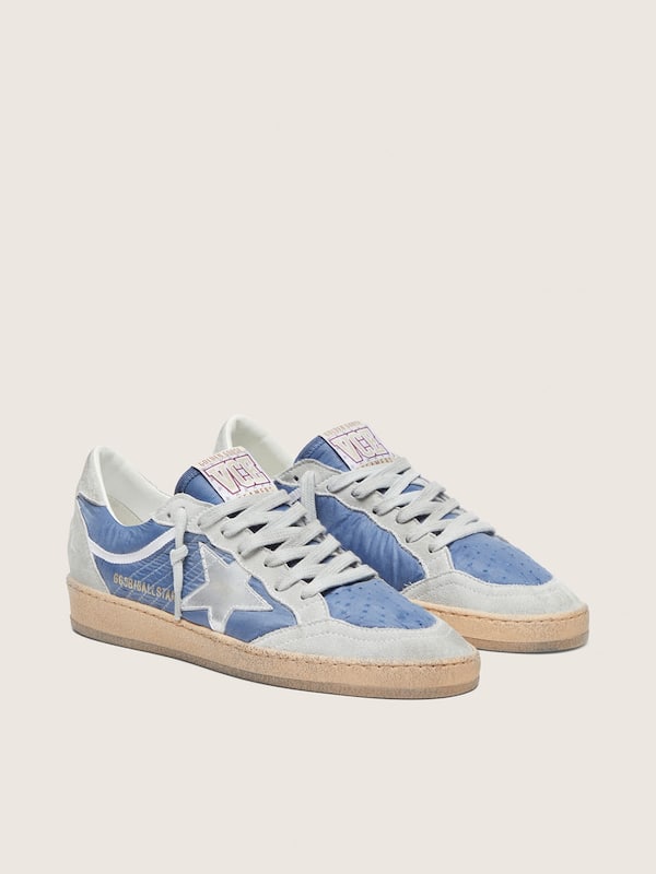 Ball Star femme en nylon bleu denim avec empi&egrave;cements en cuir velours gris clair et &eacute;toile en cuir lam&eacute; argent&eacute;