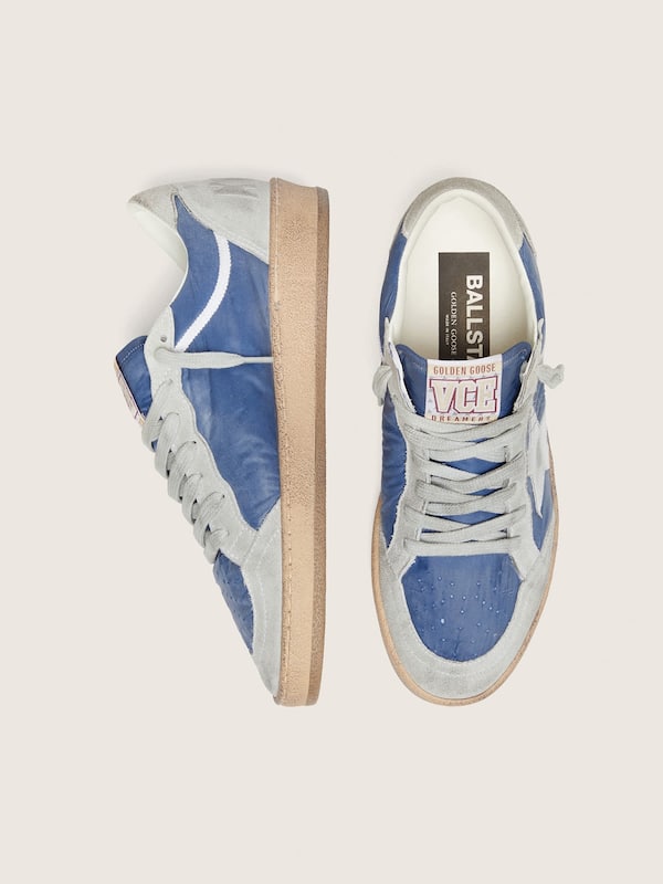 Ball Star femme en nylon bleu denim avec empi&egrave;cements en cuir velours gris clair et &eacute;toile en cuir lam&eacute; argent&eacute;