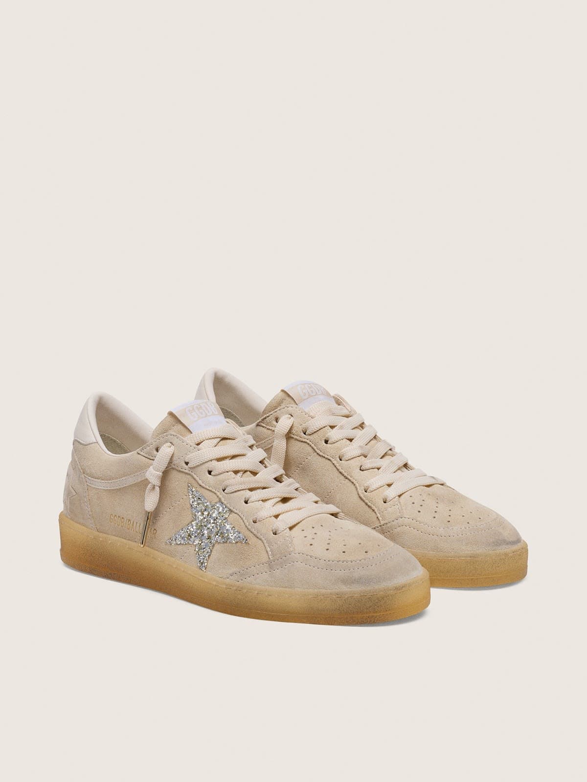 Golden Goose - Ball Star donna in suede color perla con stella glitter argento in 