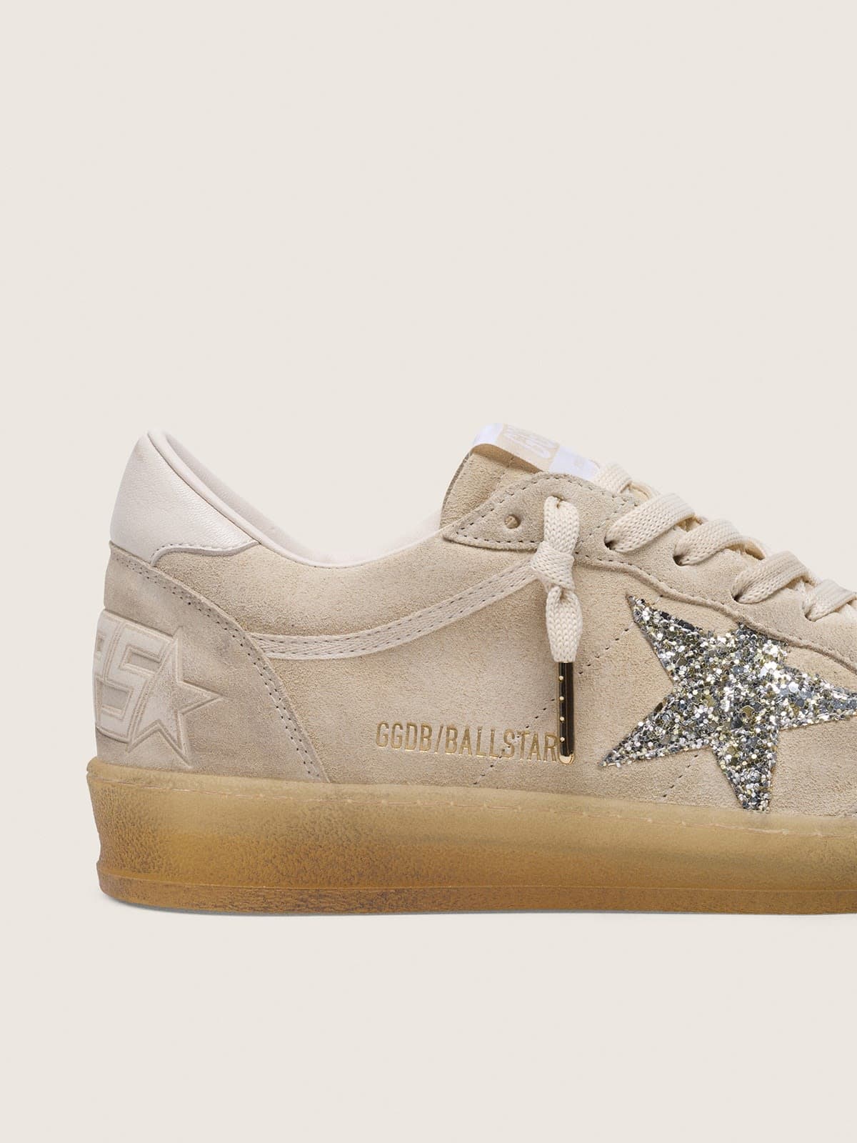 Golden Goose - Ball Star donna in suede color perla con stella glitter argento in 