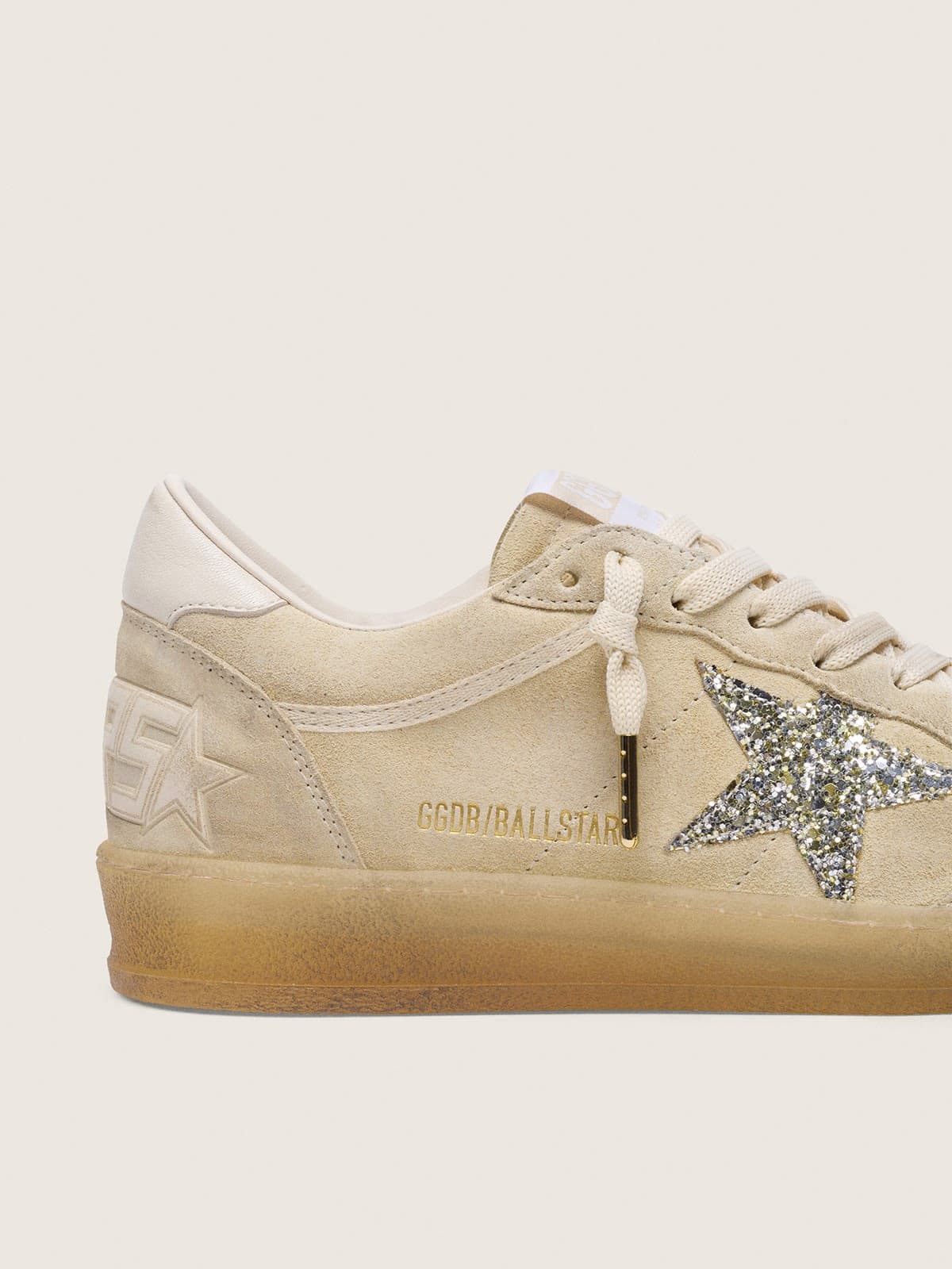 Golden Goose - Ball Star donna in suede color perla con stella glitter argento in 