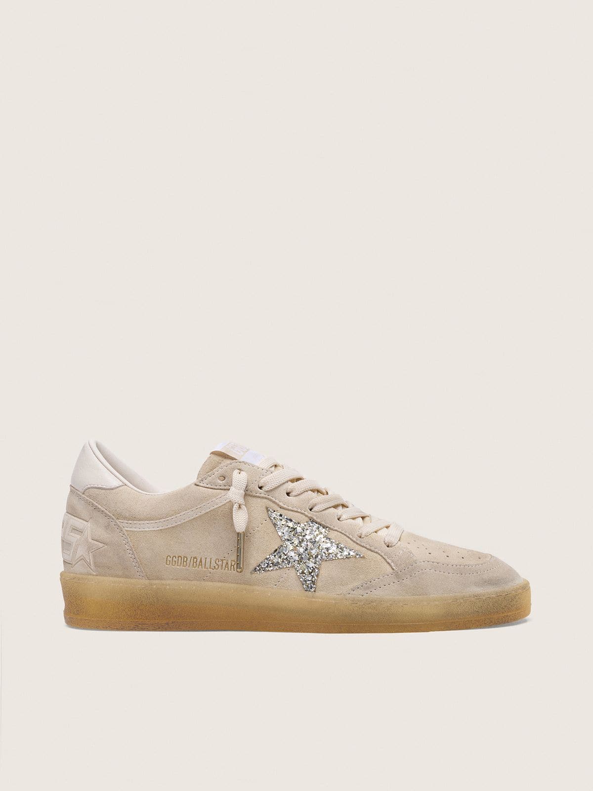 Golden Goose - Ball Star donna in suede color perla con stella glitter argento in 