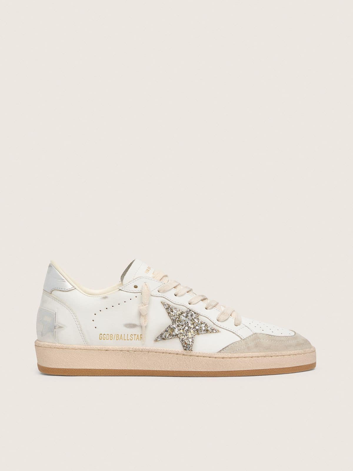 Golden Goose Ball Star Damen aus wei&szlig;em Leder mit platinfarbenem Glitzerstern Ball Star white woman