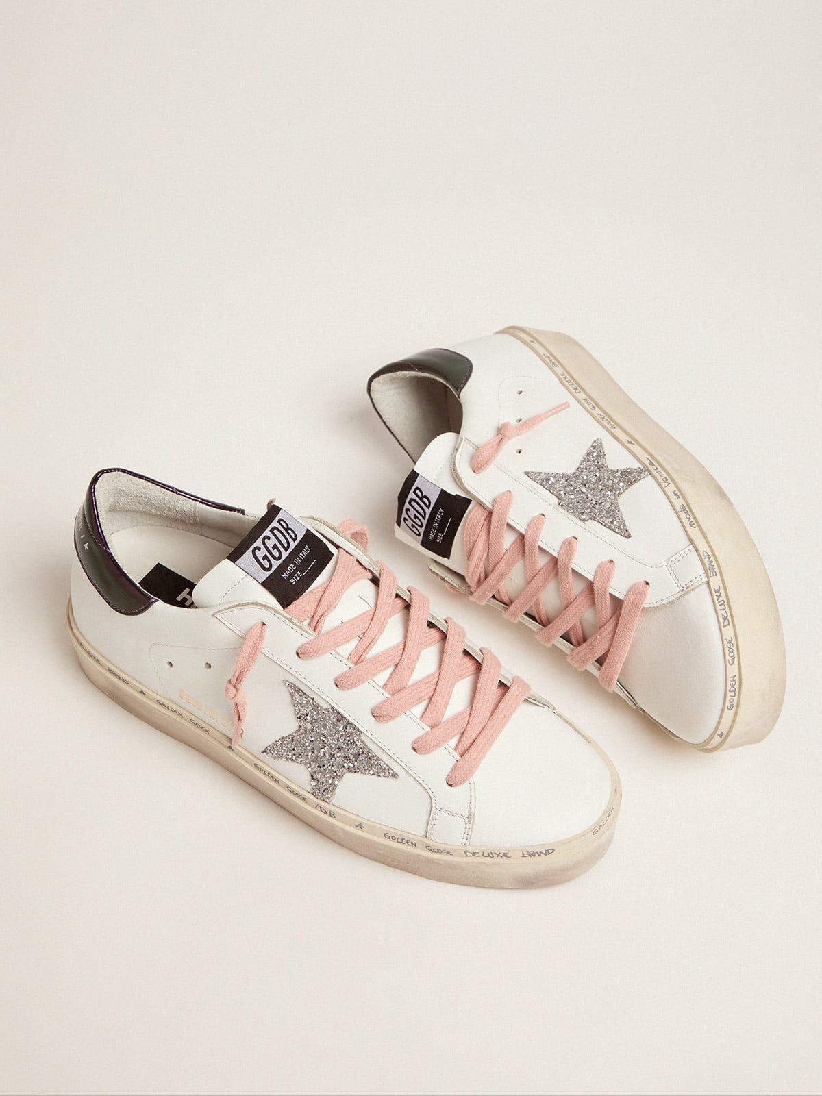 Golden Goose - White Hi-Star sneakers with glittery star and pink laces in 