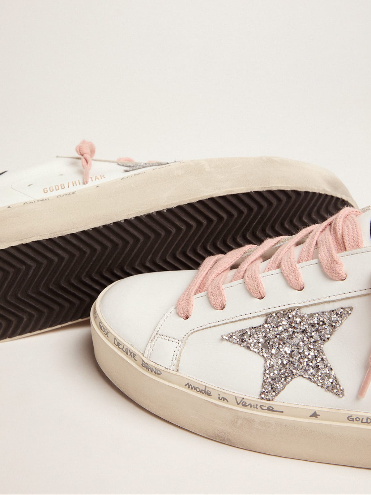 Golden Goose - White Hi-Star sneakers with glittery star and pink laces in 