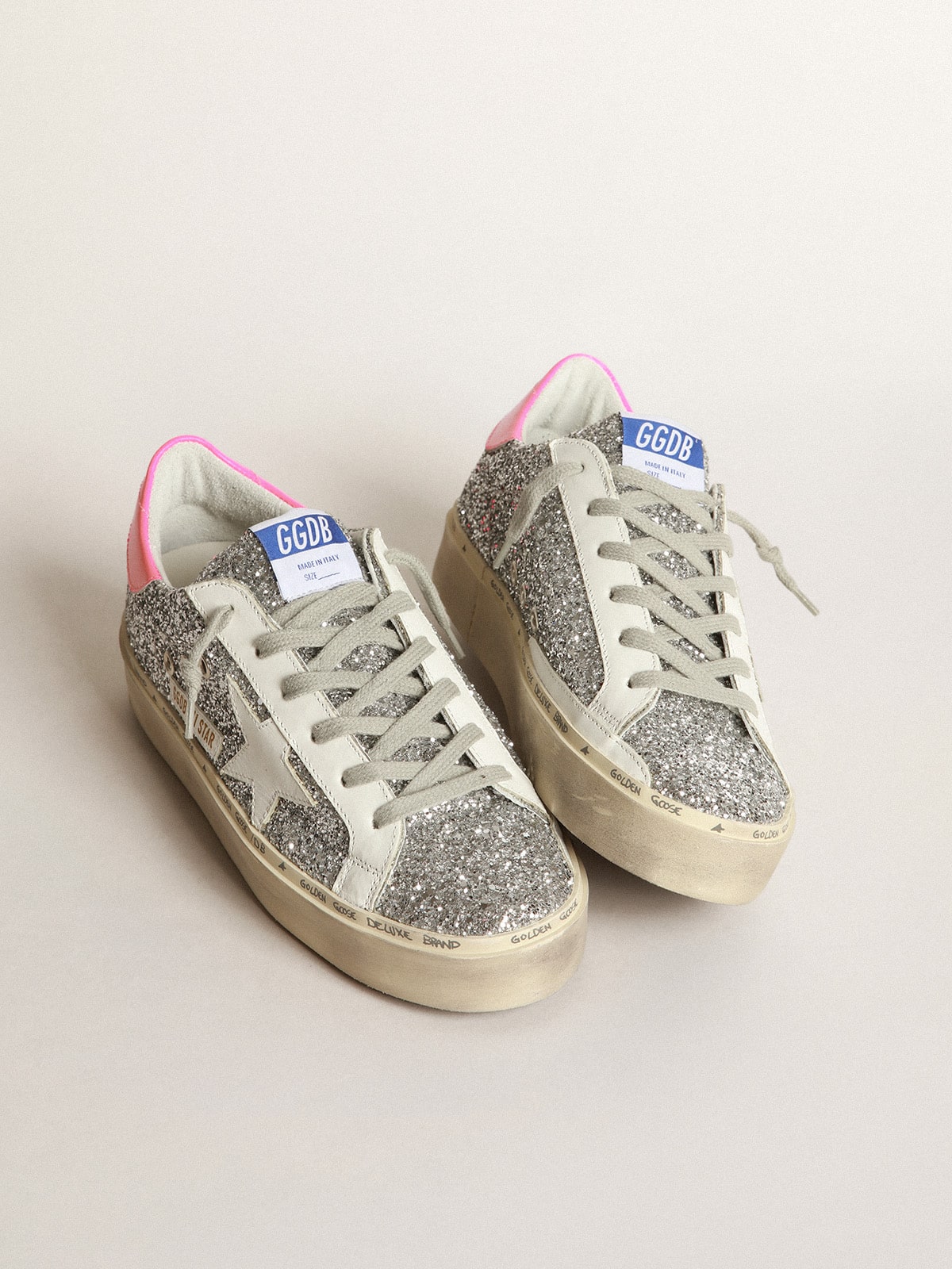 Golden Goose - Sneakers Hi-Star mit Silberglitzer und fuchsiafarbenem Knöchelrand in 