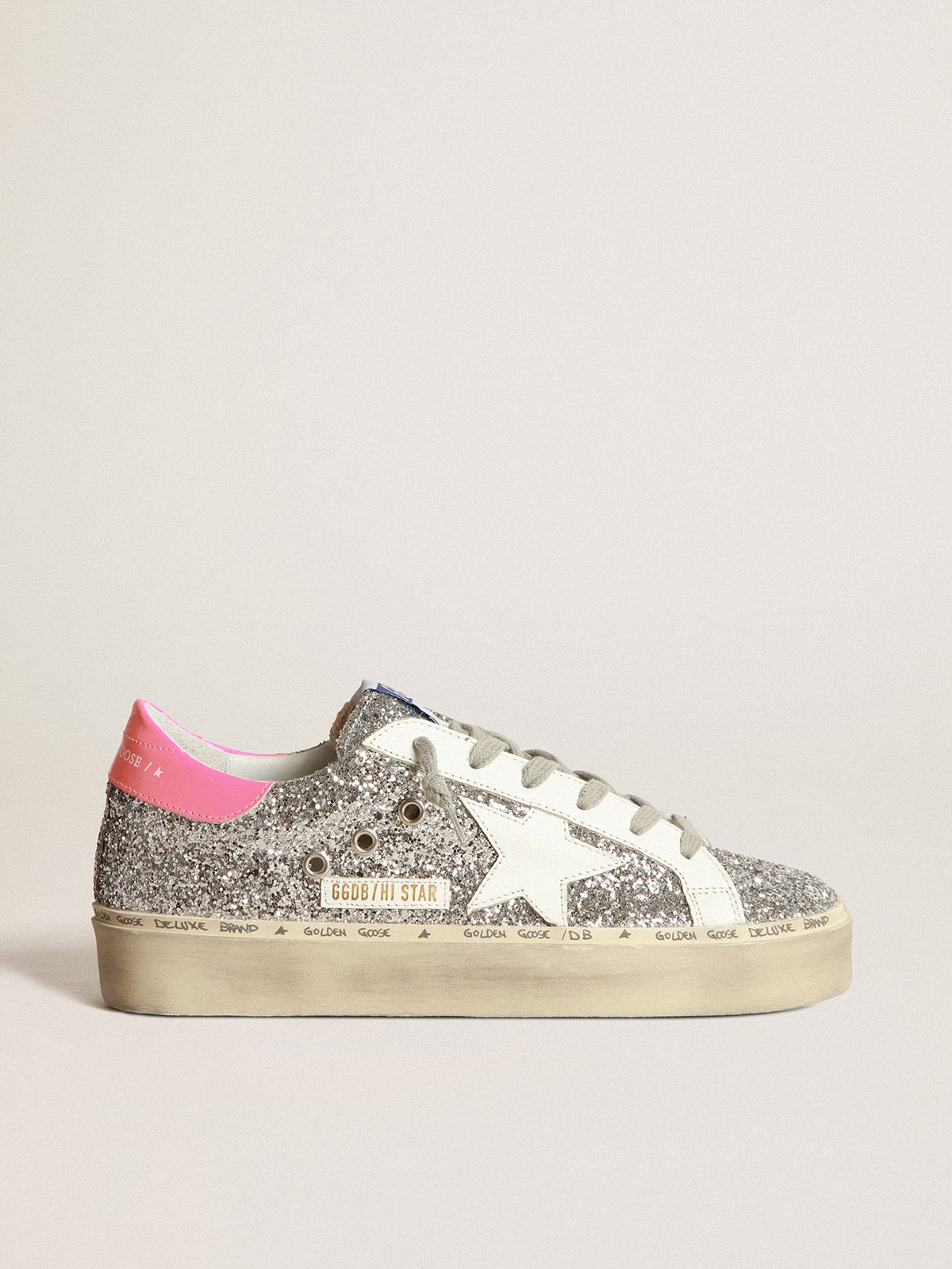 Golden Goose - Sneakers Hi-Star mit Silberglitzer und fuchsiafarbenem Knöchelrand in 