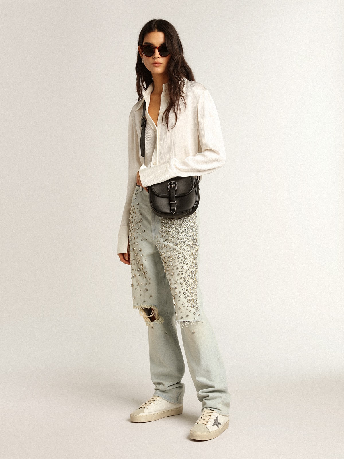 Golden Goose - Hi Star Donna con stella in glitter argento e talloncino in nabuk tortora in 