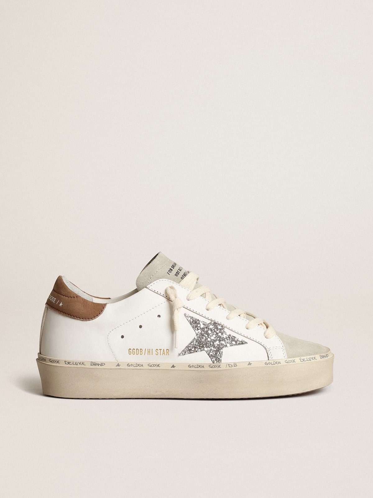 Golden Goose - Hi Star Donna con stella in glitter argento e talloncino in nabuk tortora in 