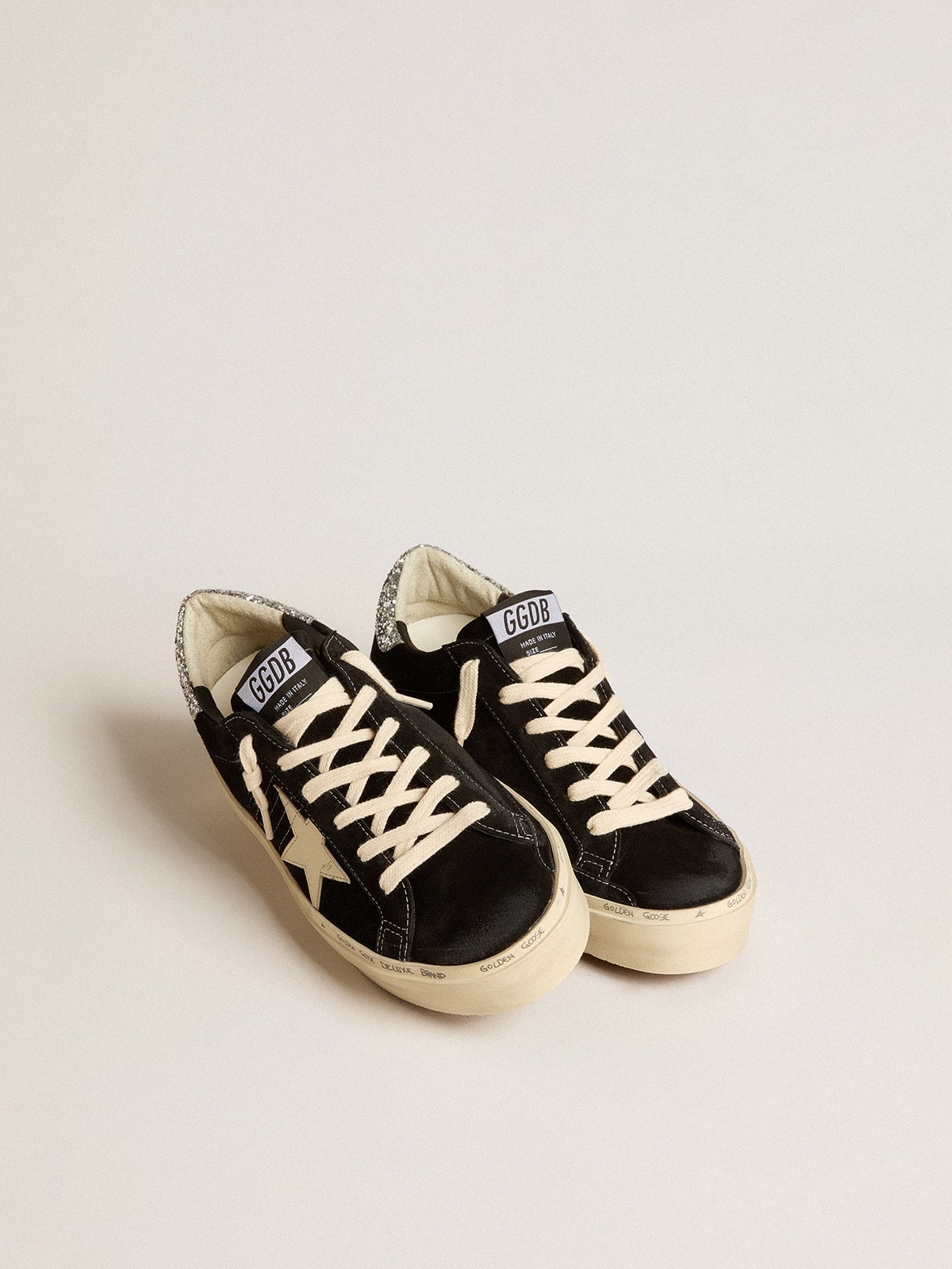 Golden Goose - Women’s Hi Star in black leather with silver glitter heel tab in 