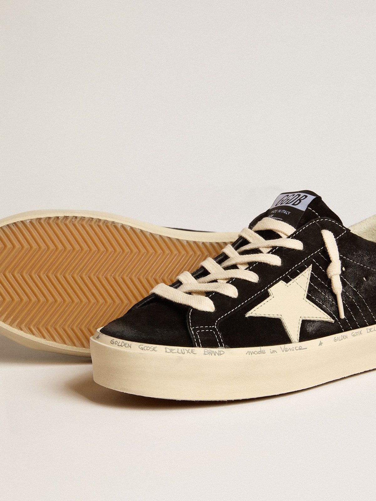 Golden Goose - Women’s Hi Star in black leather with silver glitter heel tab in 