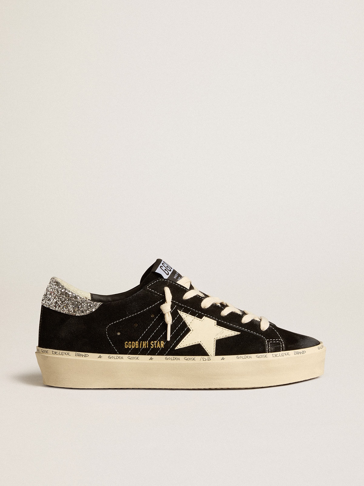 Golden Goose - Women’s Hi Star in black leather with silver glitter heel tab in 