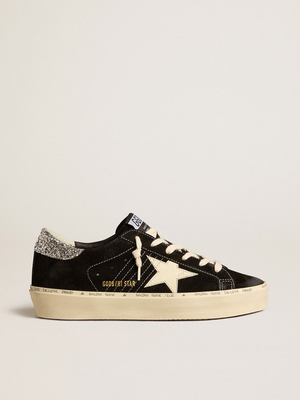 Golden Goose - Women’s Hi Star in black leather with silver glitter heel tab in 