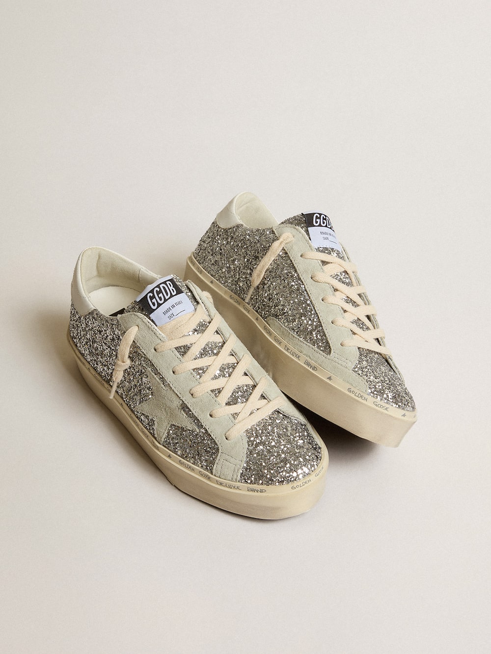 Golden Goose - Women's Hi Star in silver glitter with suede star and white heel tab in 