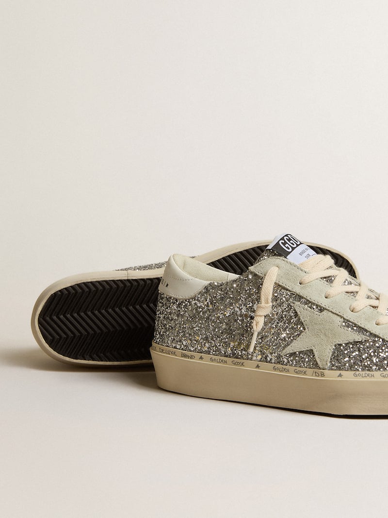Golden Goose - Women's Hi Star in silver glitter with suede star and white heel tab in 
