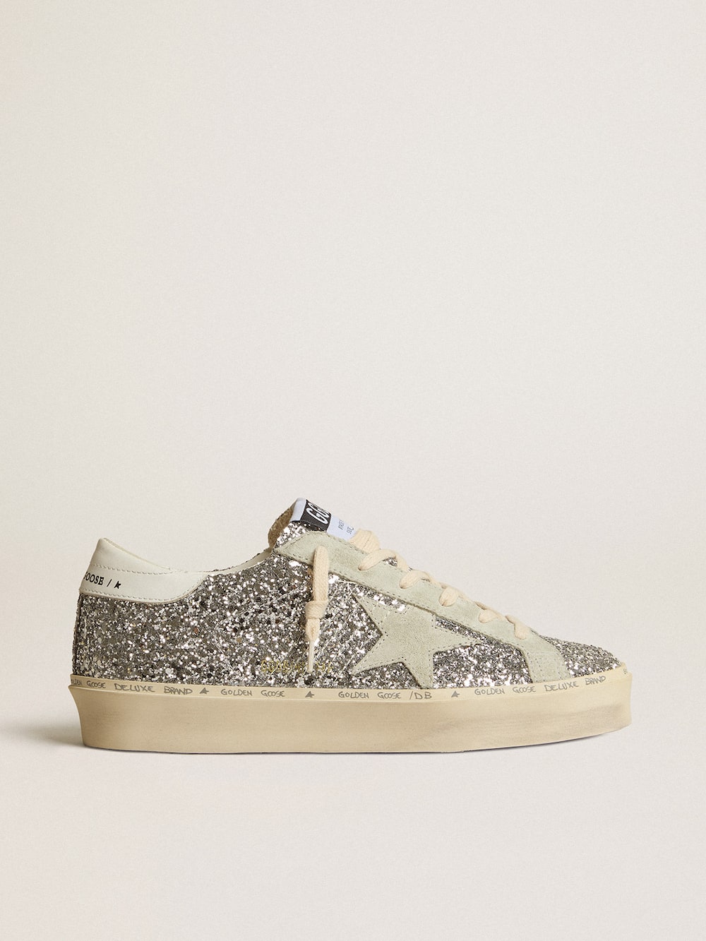 Golden Goose - Women's Hi Star in silver glitter with suede star and white heel tab in 