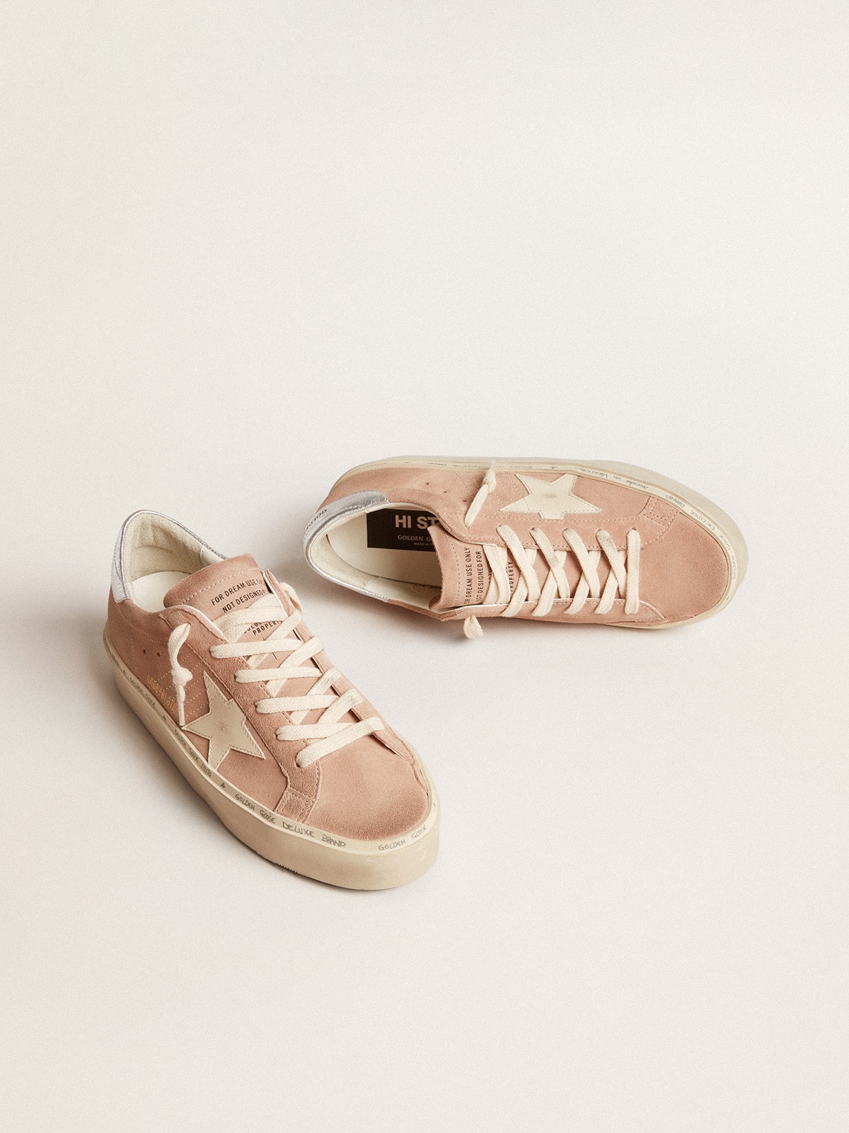 Golden Goose - Hi Star Donna in suede rosa con stella crema e talloncino in pelle argento in 