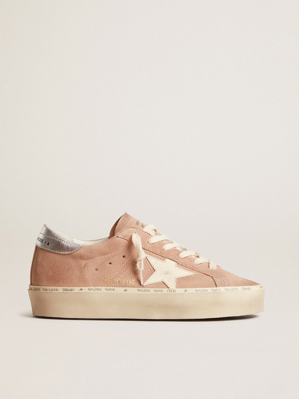 Golden Goose - Hi Star Donna in suede rosa con stella crema e talloncino in pelle argento in 