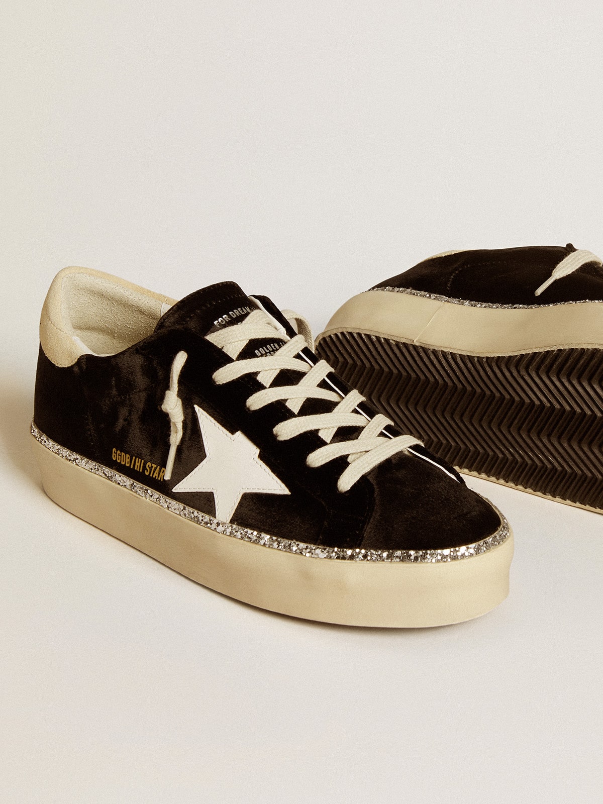 Golden Goose - Hi Star in black velvet with white leather star and suede heel tab in 