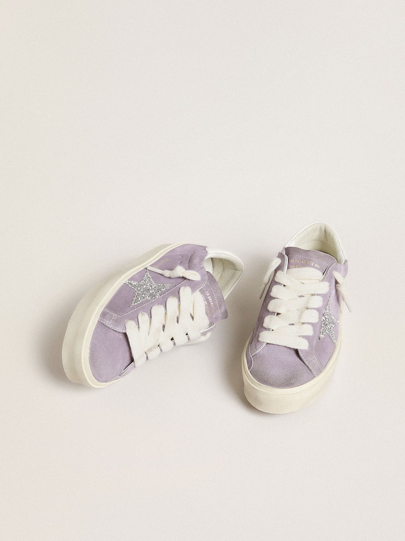 Golden Goose - Women's Hi Star in purple suede with silver glitter star in 