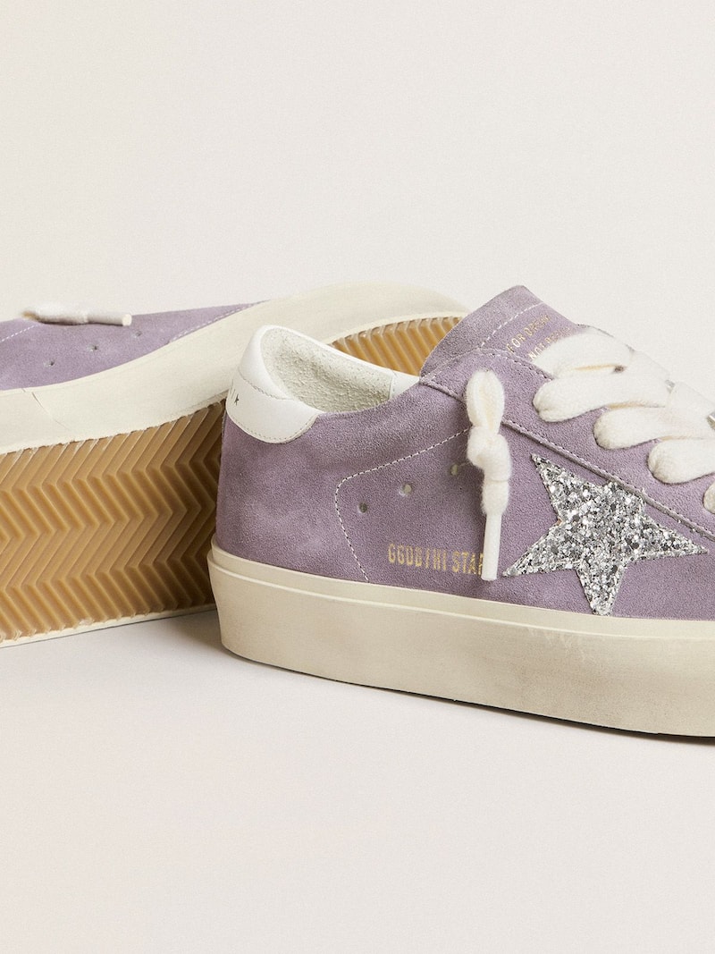 Golden Goose - Women's Hi Star in purple suede with silver glitter star in 