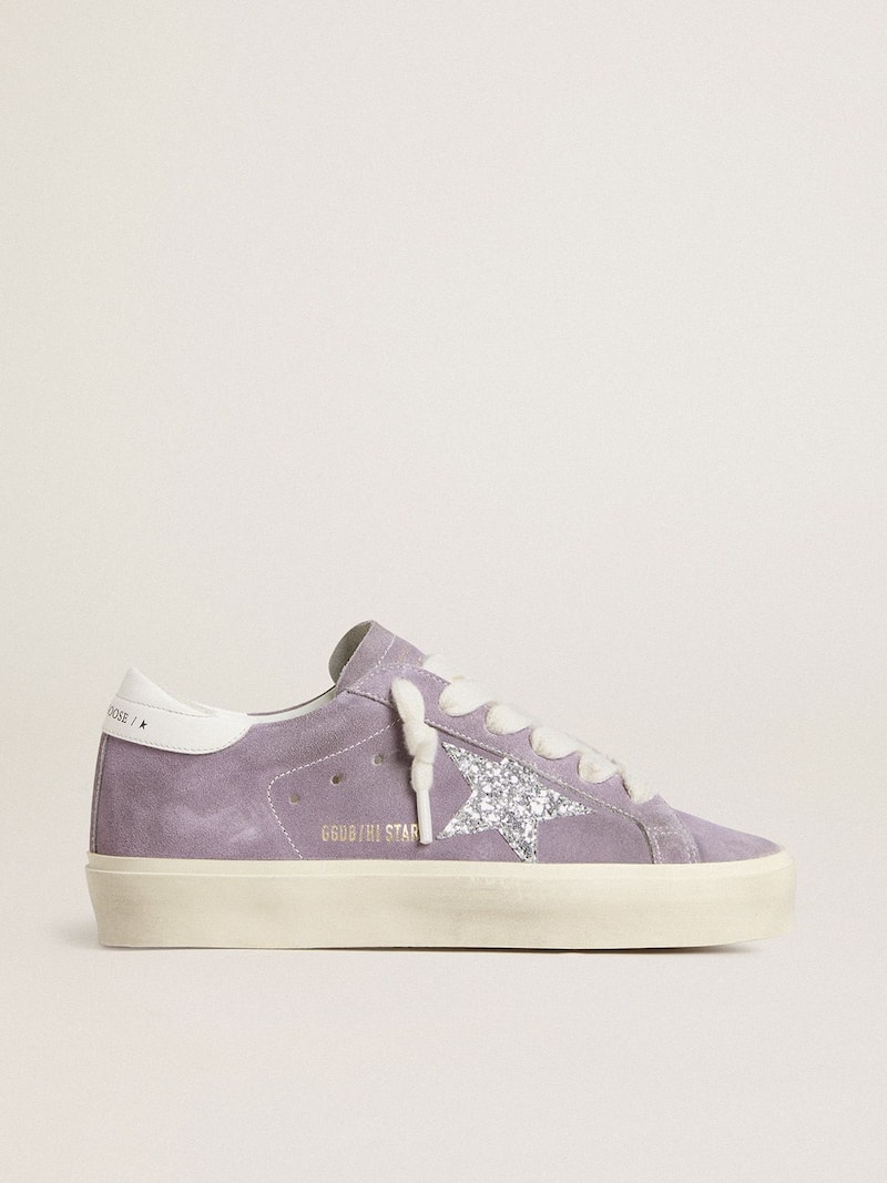 Hi Star de mujer de ante violeta con estrella con purpurina plateada