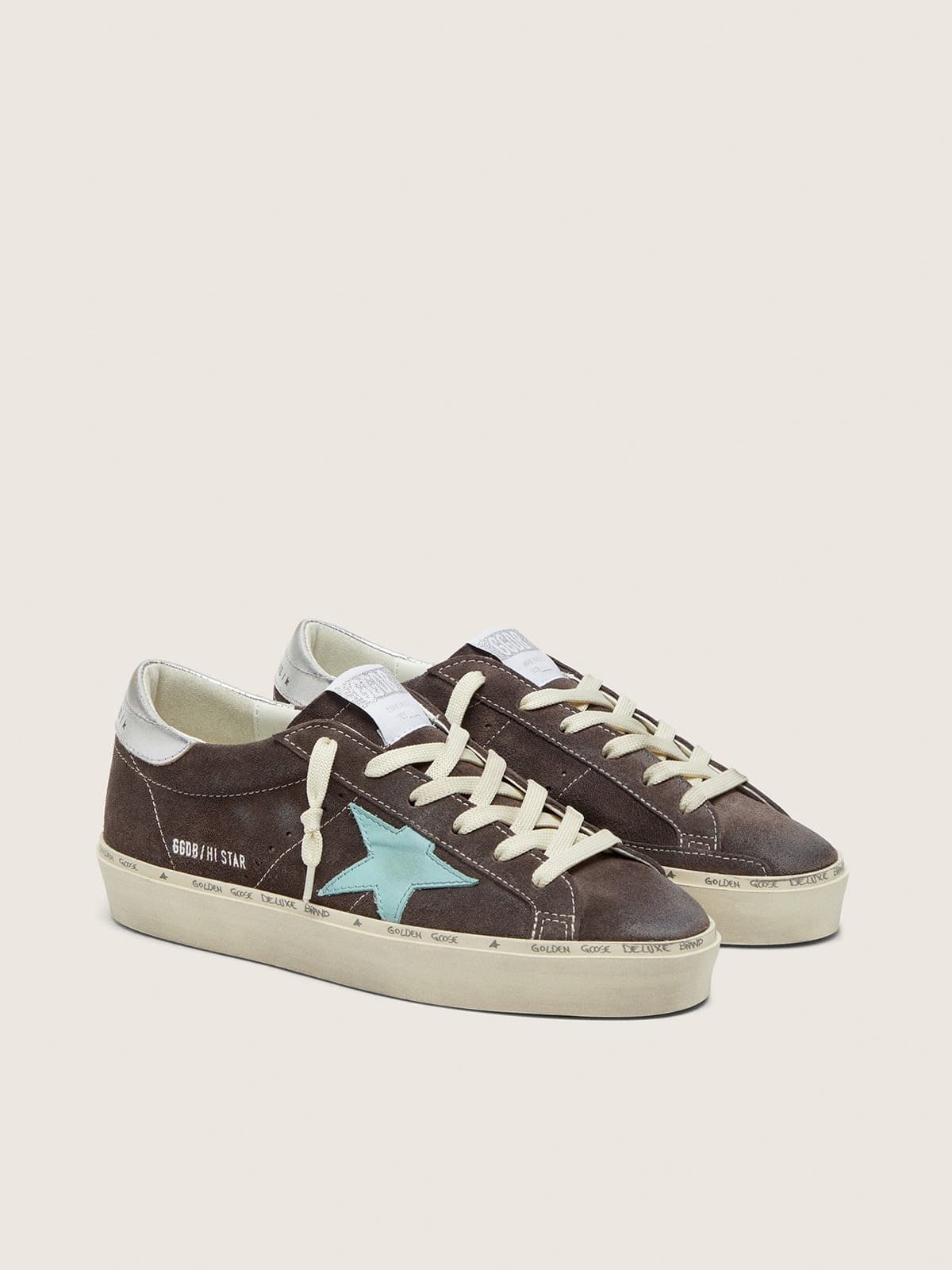 Golden Goose - Hi Star feminino de suede marrom com estrela verde-&aacute;gua in 