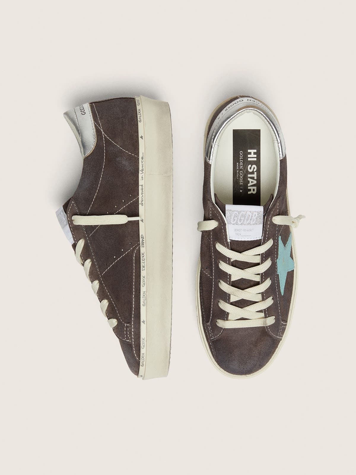 Golden Goose - Hi Star feminino de suede marrom com estrela verde-&aacute;gua in 