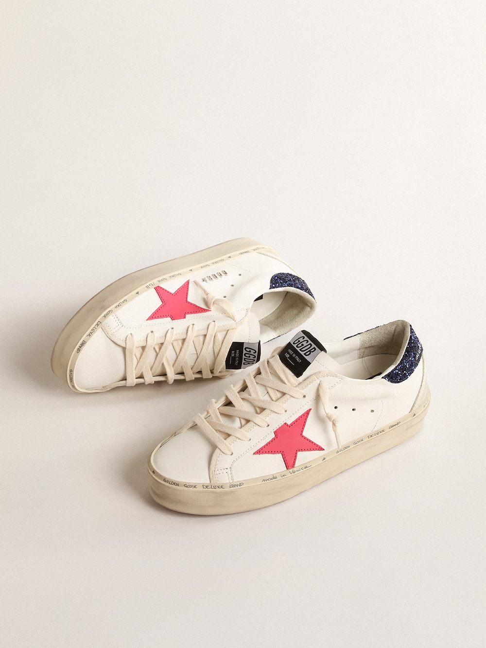 Golden Goose - Hi Star with fuchsia leather star and blue glitter heel tab in 