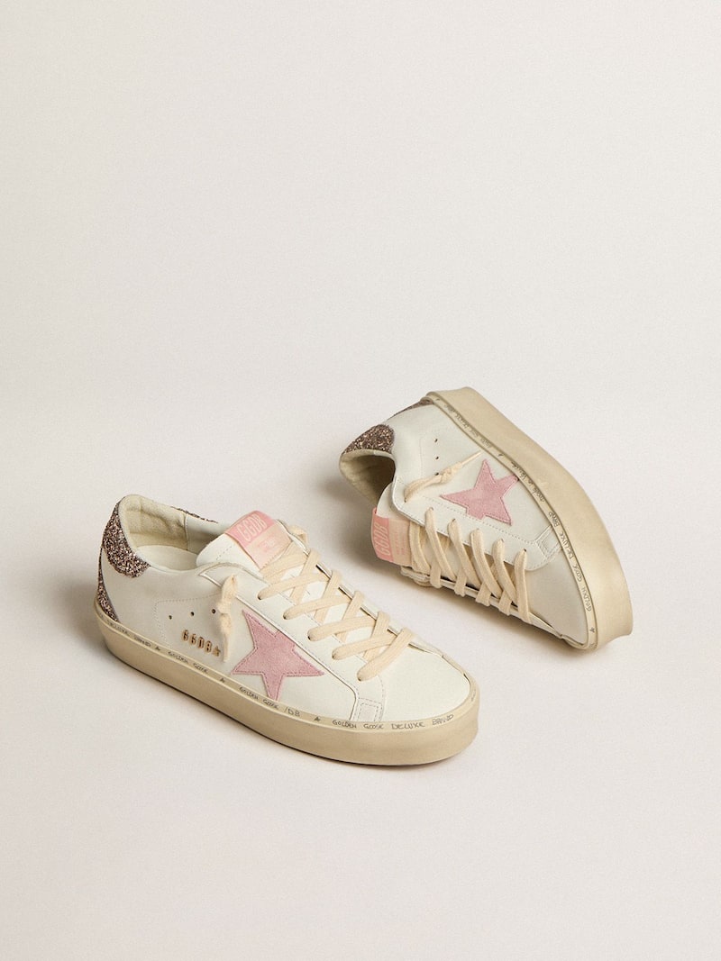 Golden Goose - Hi Star in white leather with pink suede star and pink glitter heel tab in 