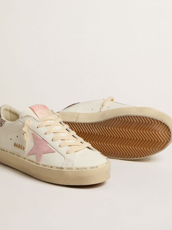 Golden Goose - Hi Star in white leather with pink suede star and pink glitter heel tab in 
