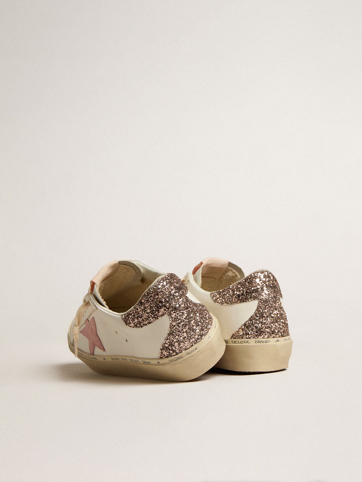 Golden Goose - Hi Star in white leather with pink suede star and pink glitter heel tab in