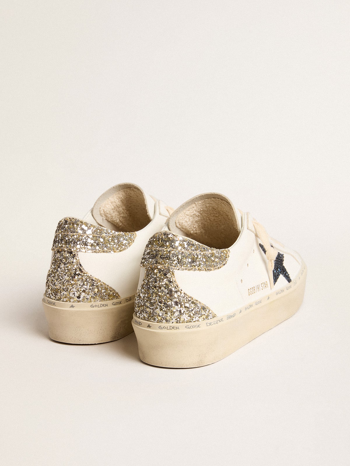 Women s Hi Star with blue glitter star and platinum glitter heel tab Golden Goose