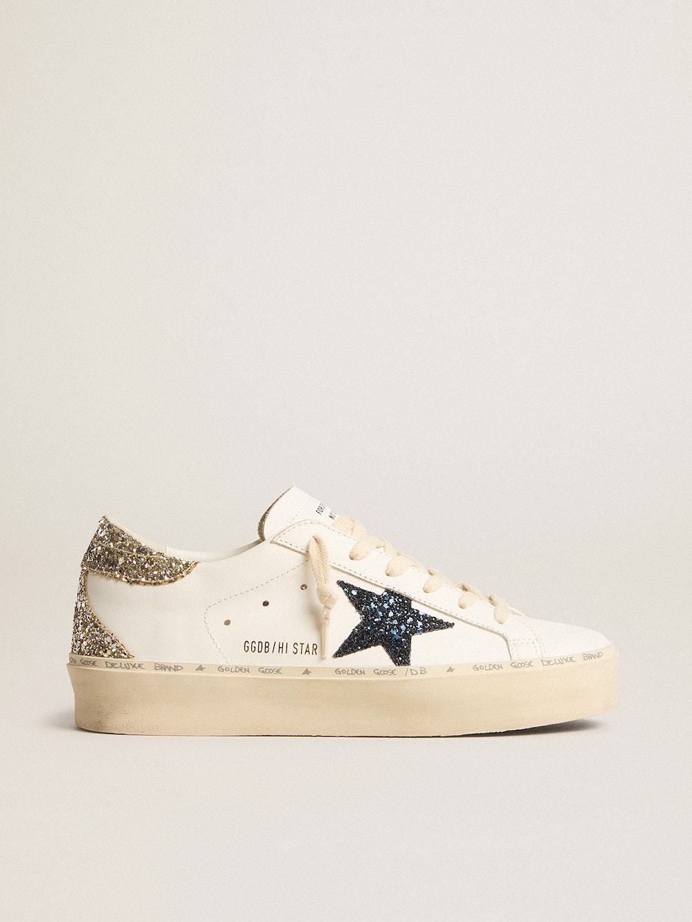 Golden Goose - Women's Hi Star with blue glitter star and platinum glitter heel tab in 