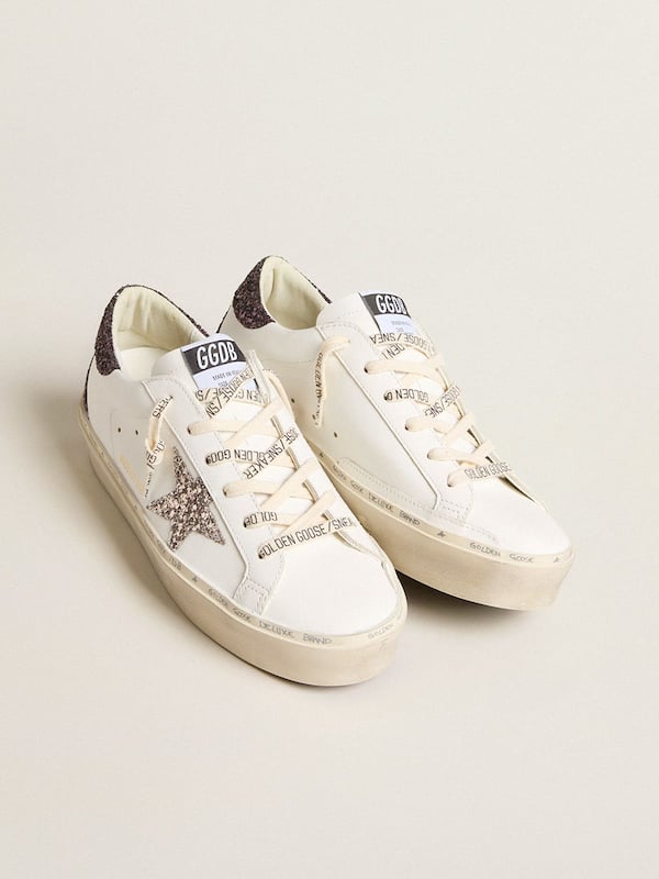 Golden Goose - Women’s Hi Star with silver glitter star and ruby red glitter heel tab in 