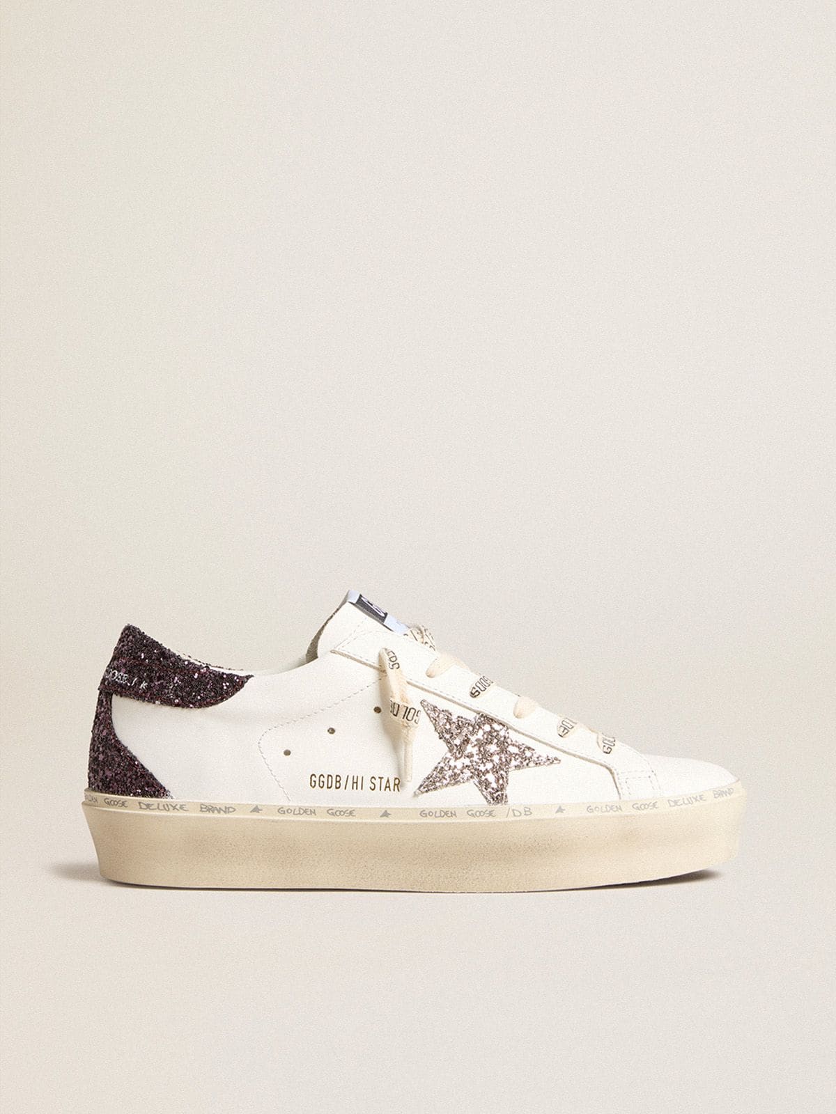 Golden Goose - Hi Star Damen mit silberfarbenem Glitzerstern und rubinroter Glitzerferse in 