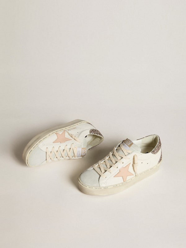 Golden Goose - Hi Star in white nappa with pink leather star and glitter heel tab in 