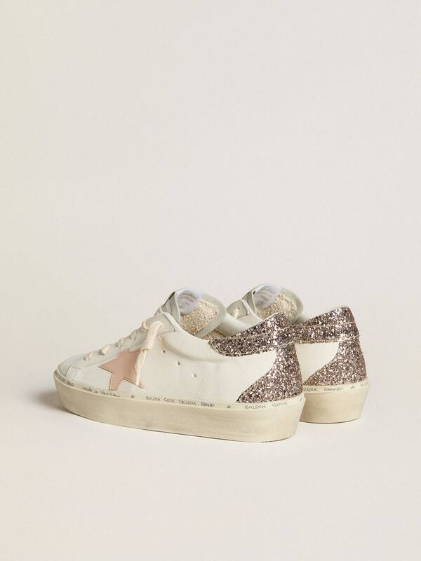 Golden Goose - Hi Star in white nappa with pink leather star and glitter heel tab in 