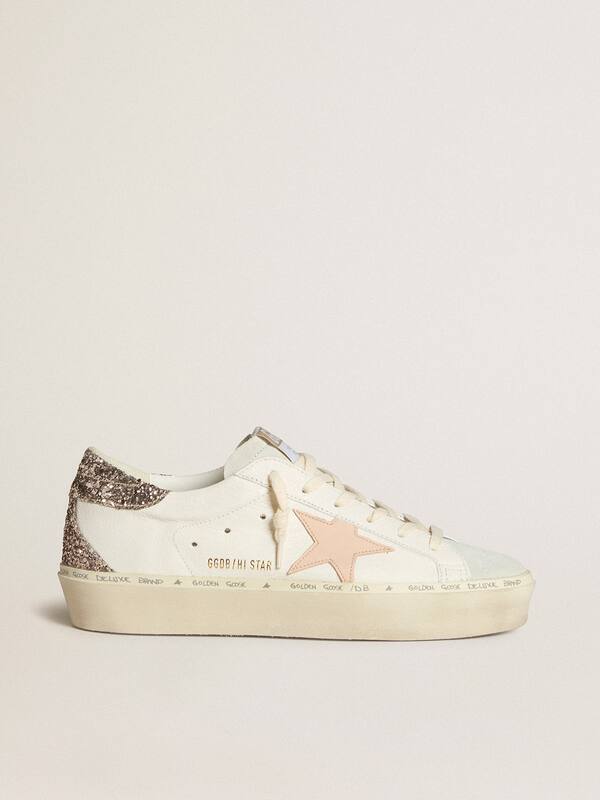 Golden Goose - Hi Star in white nappa with pink leather star and glitter heel tab in 