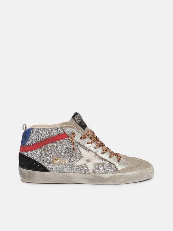 Mid Star sneakers in silver glitter with leopard-print laces and blue heel tab