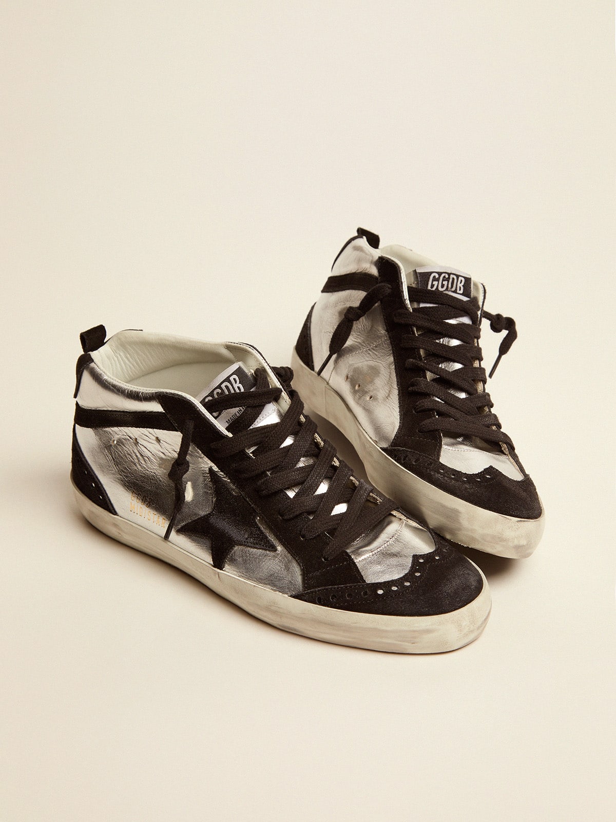 Golden Goose - Tênis Mid Star LTD de couro metálico prateado e suede preto in 