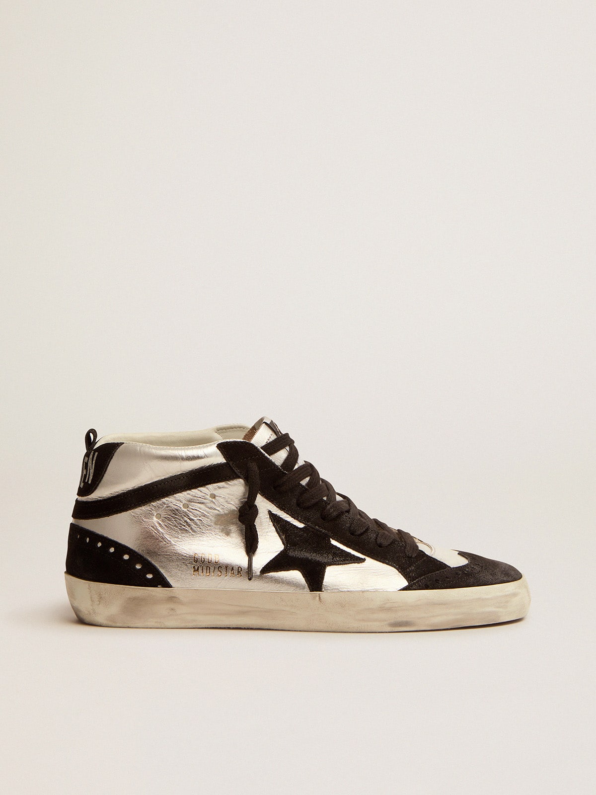 Golden Goose - Sneaker Mid Star LTD aus silberfarbenem Metallic-Leder und schwarzem Rauleder in 