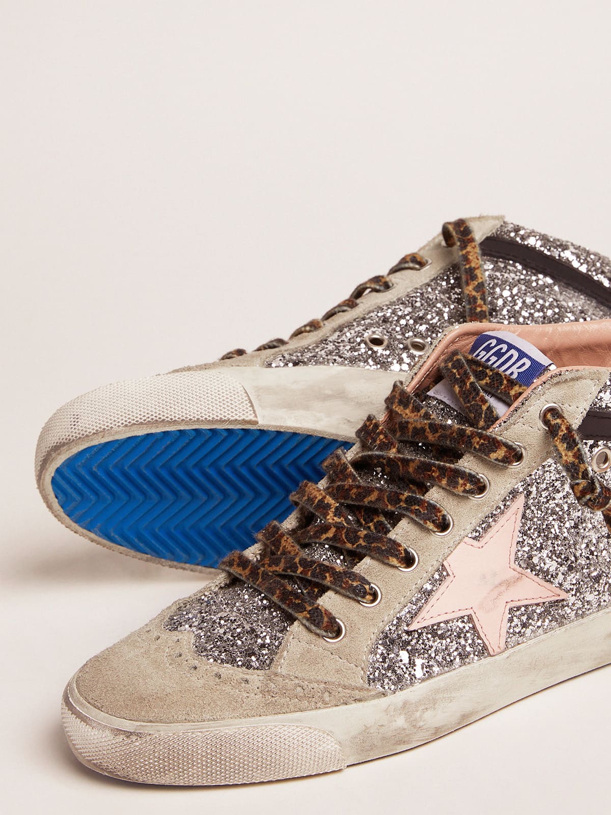 Golden Goose - Mid Star sneakers with silver glitter upper and pale pink star in 