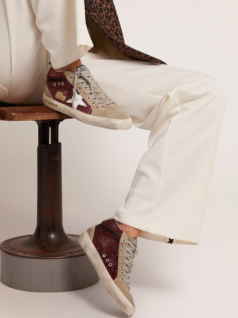 Golden Goose - Women's Mid Star in burgundy glitter with gray inserts and white star in 