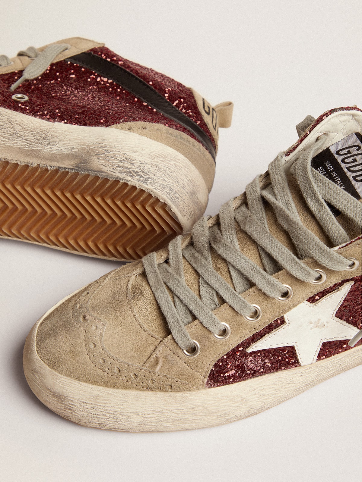 Golden Goose - Women's Mid Star in burgundy glitter with gray inserts and white star in 