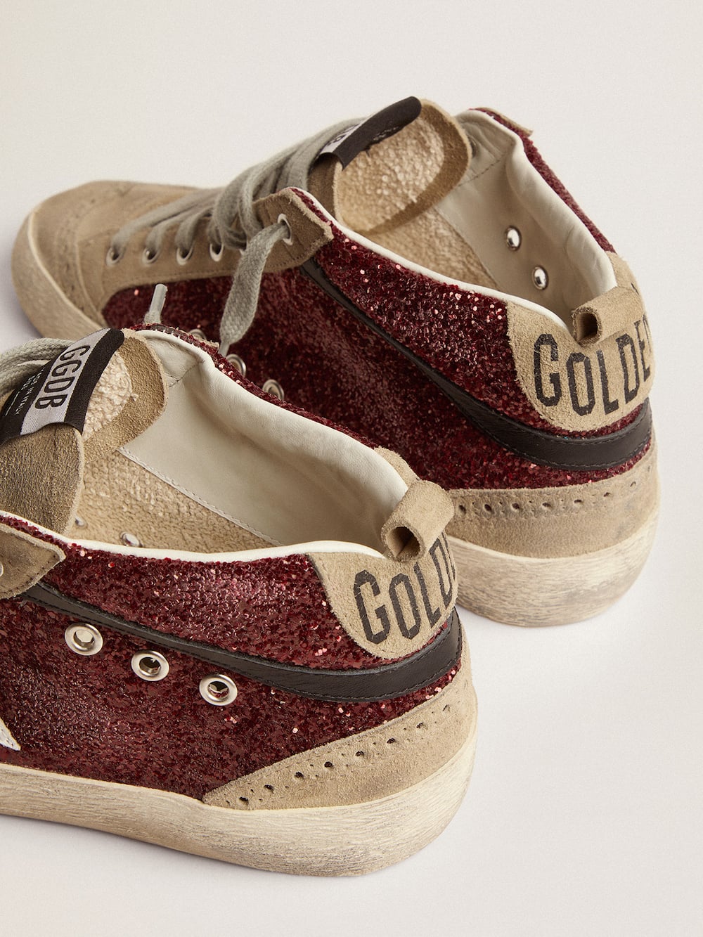 Golden Goose - Women's Mid Star in burgundy glitter with gray inserts and white star in 