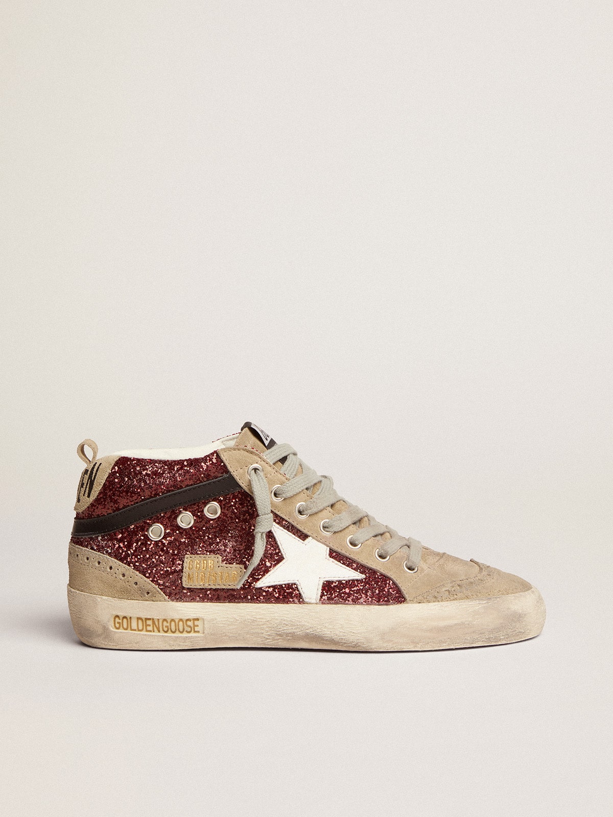 Golden Goose - Women's Mid Star in burgundy glitter with gray inserts and white star in 